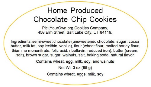 Sample Utah Cottage Foods Label