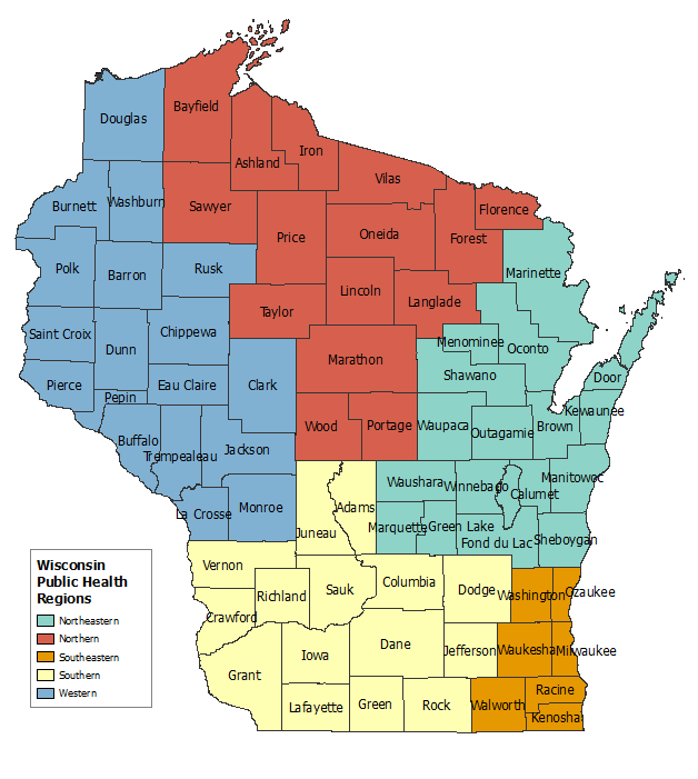 Map showing the Public Health regions of Wisconsin